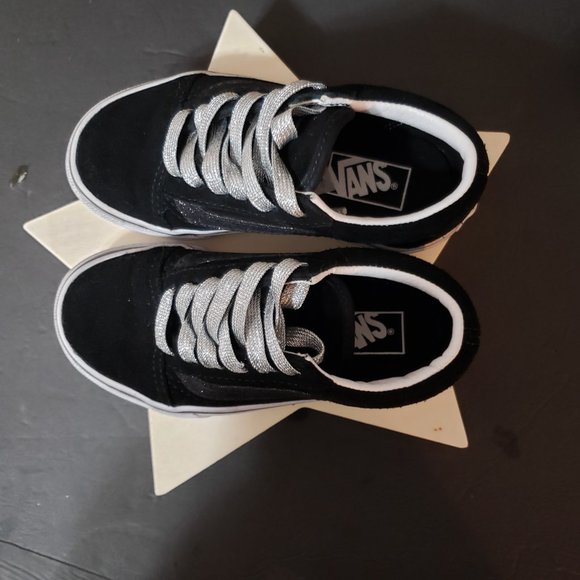 Vans Black Suede Black Glitter Stripe Silver Glitter Laces Kids Size 11 - Picture 7 of 9